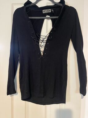 Guess Black Lace-Up Long Sleeve Top
